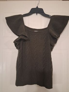 Olive Green Cable Knit Ruffle Sleeve Top
